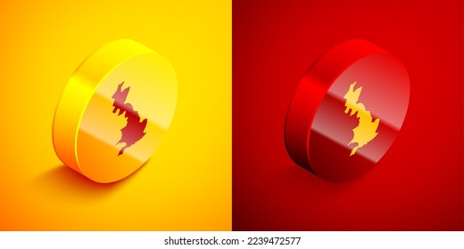 Isometric England map icon isolated on orange and red background. Circle button. Vector