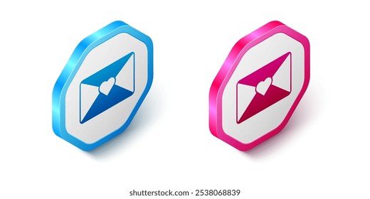 Sobre isométrico con icono de 8 de marzo aislado sobre fondo blanco. Mensaje de amor. Carta de amor y romance. Día Internacional de la Mujer Feliz. Botón hexagonal. Vector