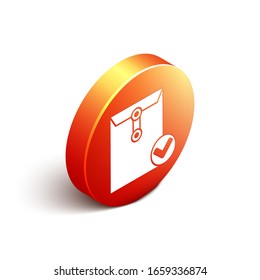 Sobre isométrico e icono de marca aislado en fondo blanco. Entrega de correo electrónico correcta, confirmación de entrega por correo electrónico. Botón de círculo naranja. Ilustración vectorial