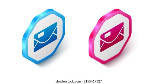 Isometric Envelope with christmas party invitation card icon isolated on white background. Merry Christmas and Happy New Year. Hexagon button. Vector