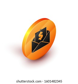 Isometric Envelope with coin dollar symbol icon isolated on white background. Salary increase, money payroll, compensation income. Orange circle button. Vector Illustration