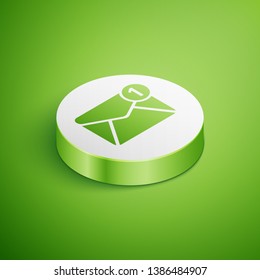 Isometric Envelope icon isolated on green background. Received message concept. New, email incoming message, sms. Mail delivery service. White circle button. Vector Illustration