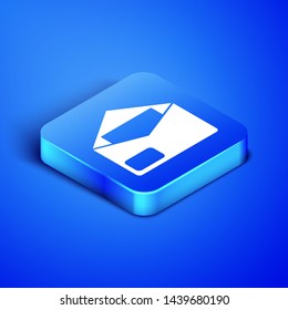 Isometric Envelope icon isolated on blue background. Email message letter symbol. Blue square button. Vector Illustration