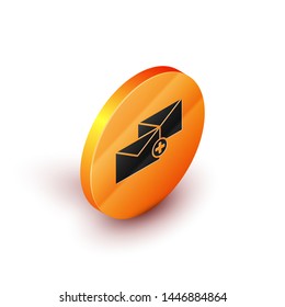 Isometric Envelope icon isolated on white background. Received message concept. New, email incoming message, sms. Mail delivery service. Orange circle button. Vector Illustration