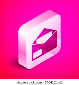 Isometric Envelope icon isolated on pink background. Email message letter symbol. Silver square button. Vector Illustration