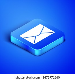 Isometric Envelope icon isolated on blue background. Email message letter symbol.  Blue square button. Vector Illustration