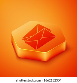 Isometric Envelope icon isolated on orange background. Email message letter symbol. Orange hexagon button. Vector Illustration