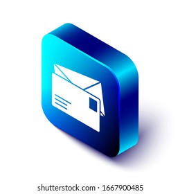 Isometric Envelope icon isolated on white background. Email message letter symbol. Blue square button. Vector Illustration
