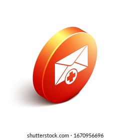 Isometric Envelope icon isolated on white background. Received message concept. New, email incoming message, sms. Mail delivery service. Orange circle button. Vector Illustration