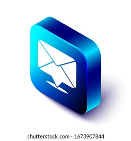 Isometric Envelope icon isolated on white background. Email message letter symbol. Blue square button. Vector Illustration