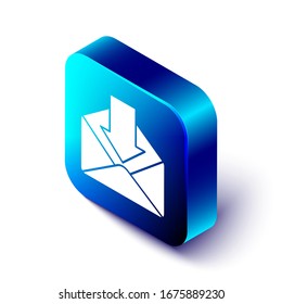 Isometric Envelope icon isolated on white background. Received message concept. New, email incoming message, sms. Mail delivery service. Blue square button. Vector Illustration