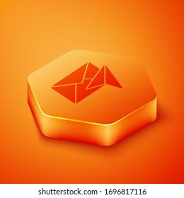 Isometric Envelope icon isolated on orange background. Email message letter symbol. Orange hexagon button. Vector Illustration