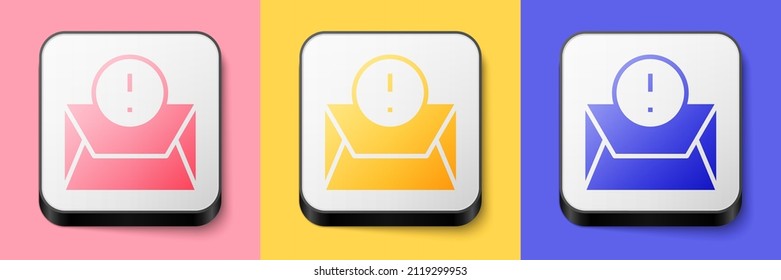 Isometrisches Envelope-Symbol einzeln auf rosafarbenem, gelbem und blauem Hintergrund. Konzept der empfangenen Nachricht. Neu, E-Mail eingehende Nachricht, sms. Postzustellung Knopf Quadrat. Vektorgrafik