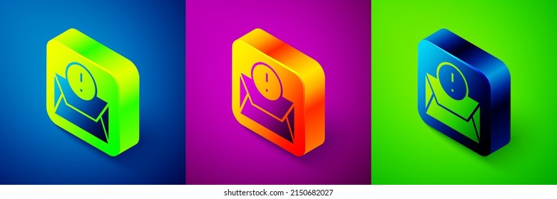 Isometric Envelope icon isolated on blue, purple and green background. Received message concept. New, email incoming message, sms. Mail delivery service. Square button. Vector