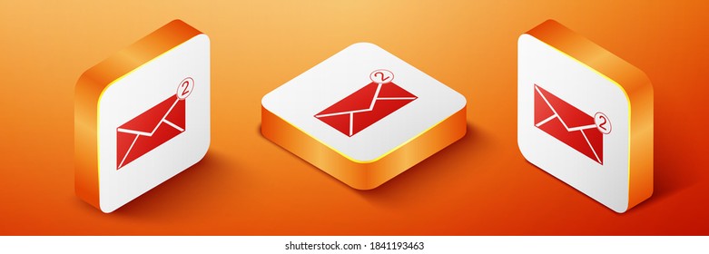 Isometric Envelope iconos aislados en el fondo naranja. Concepto de mensaje recibido. Nuevo mensaje entrante por correo electrónico, sms. Servicio de envío de correo. Botón cuadrado naranja. Vector.