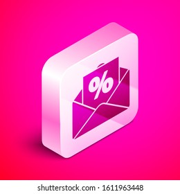 Isometric Envelope with an interest discount from the store icon isolated on pink background. Silver square button. Vector Illustration