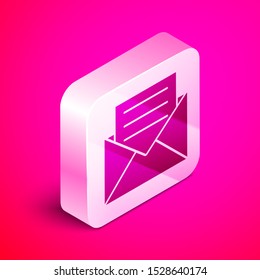 Isometric Envelope with invitation card icon isolated on pink background. Silver square button. Vector Illustration