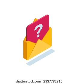 sobre isométrico y signo de interrogación en color sobre fondo blanco, correo electrónico sospechoso o spam viral