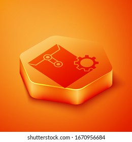 Isometric Envelope setting icon isolated on orange background. Orange hexagon button. Vector Illustration
