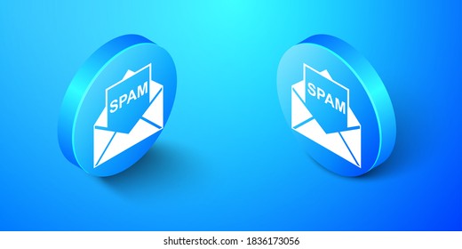 Isometrisches Envelope mit Spam-Symbol einzeln auf blauem Hintergrund. Konzept von Virus, Piraterie, Hacking und Sicherheit. Blauer Kreis-Knopf. Vektorgrafik.