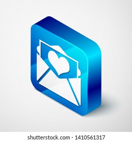 Isometric Envelope with Valentine heart icon isolated on white background. Letter love and romance. Blue square button. Vector Illustration
