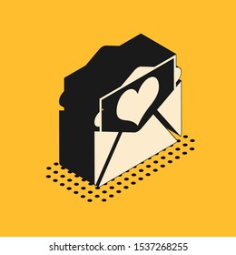 Isometric Envelope with Valentine heart icon isolated on yellow background. Letter love and romance.  Vector Illustration