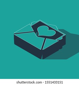 Isometric Envelope with Valentine heart icon isolated on green background. Letter love and romance.  Vector Illustration