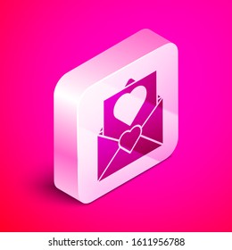 Isometric Envelope with Valentine heart icon isolated on pink background. Message love. Letter love and romance. Silver square button. Vector Illustration