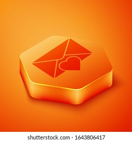 Isometric Envelope with Valentine heart icon isolated on orange background. Message love. Letter love and romance. Orange hexagon button. Vector Illustration
