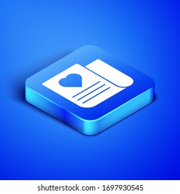 Isometric Envelope with Valentine heart icon isolated on blue background. Message love. Letter love and romance. Blue square button. Vector Illustration