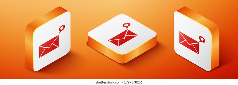 Isometric Envelope with Valentine heart icon isolated on orange background. Love Letter Message, love and romance concept. Orange square button. Vector.