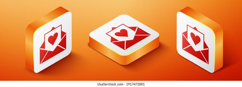 Isometric Envelope with Valentine heart icon isolated on orange background. Letter love and romance. Orange square button. Vector.