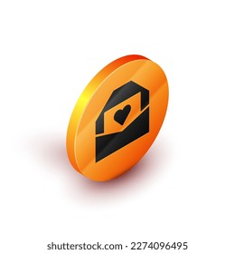 Sobre isométrico con icono de corazón de San Valentín aislado en fondo blanco. Mensaje amor. Carta de amor y romance. Botón de círculo naranja. Vector