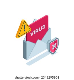 isometric envelope with virus in color on white background, virus digital security or hack protection