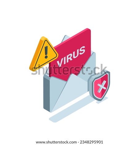 isometric envelope with virus in color on white background, virus digital security or hack protection