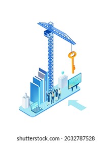 Isometric environment design with  big crane. Solving problems, improving working progress, working together business concept illustration