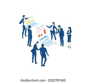 Isometric environment design with lots of business people discussing new data. Solving problems, improving working progress, working together business concept illustration