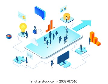 Isometric environment design with lots of business people working in office, solving problems, finding solutions, bankers, lawyers, office managers, sales fool and creative people. Global business