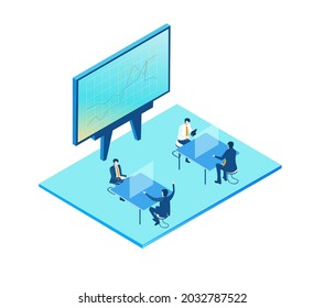 Isometric environment design with lots of business people discussing new data. Solving problems, improving working progress, working together business concept illustration