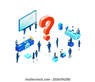 Isometric environment design with lots of business people working in office next to question mark, solving problems, finding solutions. Business concept illustration 