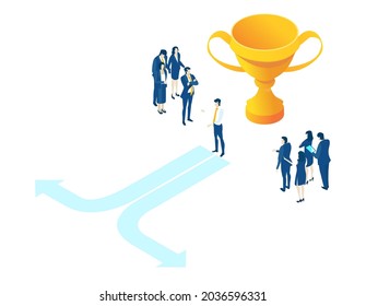 Isometric environment design with lots of business people working and talking next to golden trophy