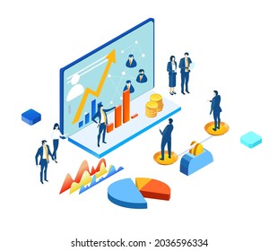 Isometric environment design with lots of business people working in office, analizing data, solving problems, finding solutions, bankers, lawyers, office managers, sales fool and creative people. 