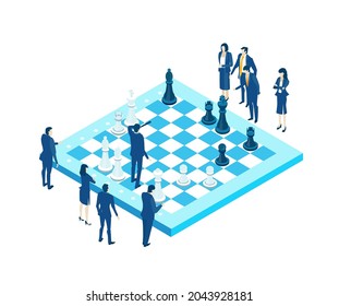 Isometric environment design with lots of business people working on the chess board