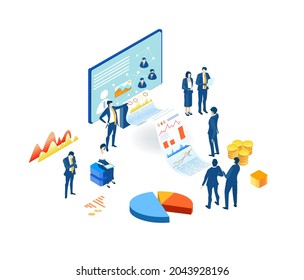 Isometric environment design with lots of business people working in data centre, achievement, goal, analysing and controlling idea