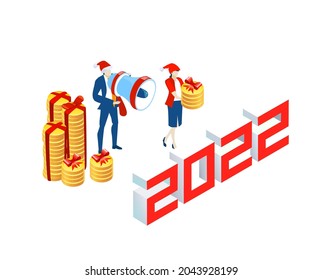 Isometric environment design with lots of business people working together with Christmas presents. Happy new year concept and Marry Christmas 
