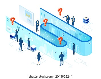 Isometric environment design with lots of business people working in office, analysing data, solving problems, finding solutions. People working in server room 