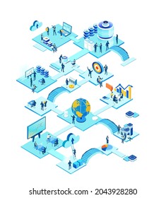 Diseño de entorno isométrico con mucha gente de negocios trabajando en la oficina, analizando datos, resolviendo problemas, encontrando soluciones. Personas trabajando en la sala de servidores 