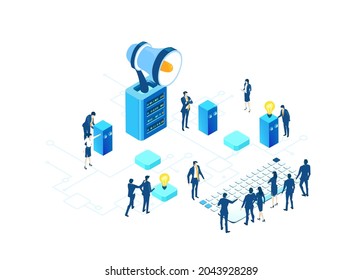 Diseño de entorno isométrico con mucha gente de negocios trabajando en la oficina, analizando datos, resolviendo problemas, encontrando soluciones. Personas trabajando en la sala de servidores 