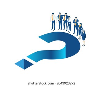 Isometric environment design with lots of business people stand around of big question mark 