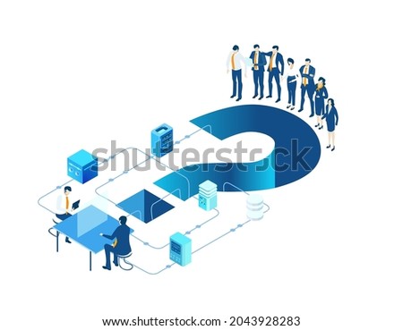 Isometric environment design with lots of business people working in office, analizing data, solving problems, finding solutions. People working in server room around big question mark